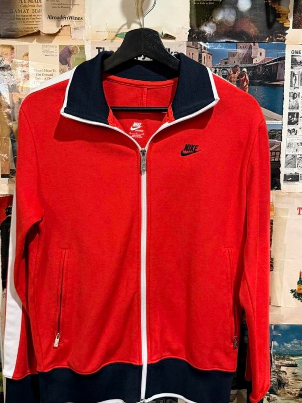 Nike red track jacket with navy blue and white trim